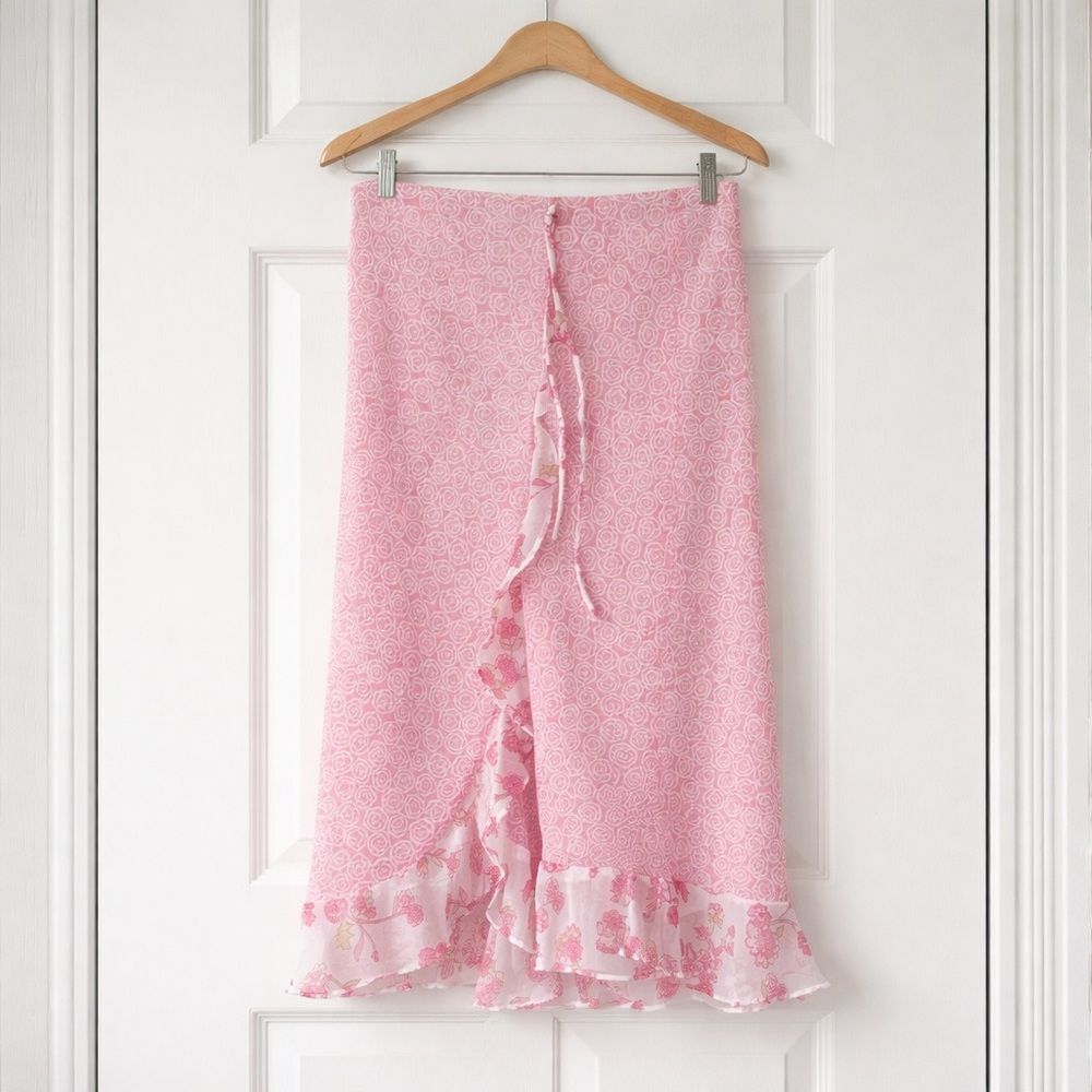 Vtg Elyse Hart Pink Floral Ruffle Midi Skirt M Cottagecore Coquette Regency Rose